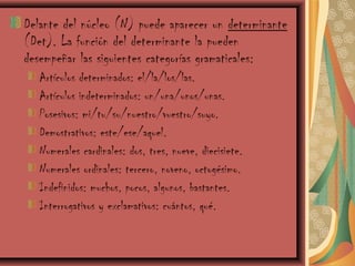 Delante del núcleo (N) puede aparecer un determinante
(Det). La función del determinante la pueden
desempeñar las siguientes categorías gramaticales:
Artículos determinados: el/la/los/las.
Artículos indeterminados: un/una/unos/unas.
Posesivos: mi/tu/su/nuestro/vuestro/suyo.
Demostrativos: este/ese/aquel.
Numerales cardinales: dos, tres, nueve, diecisiete.
Numerales ordinales: tercero, noveno, octogésimo.
Indefinidos: muchos, pocos, algunos, bastantes.
Interrogativos y exclamativos: cuántos, qué.

 