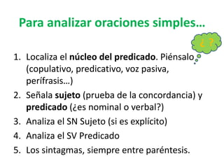 Para analizar oraciones simples…
1. Localiza el núcleo del predicado. Piénsalo
(copulativo, predicativo, voz pasiva,
perífrasis…)
2. Señala sujeto (prueba de la concordancia) y
predicado (¿es nominal o verbal?)
3. Analiza el SN Sujeto (si es explícito)
4. Analiza el SV Predicado
5. Los sintagmas, siempre entre paréntesis.
¿ ?
 