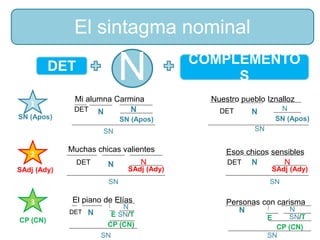 El piano de Elías
Muchas chicas valientes
Mi alumna Carmina
Esos chicos sensibles
Personas con carisma
Nuestro pueblo Iznalloz
DET N N
SN (Apos)
SN
DET N N
SN (Apos)
SN
DET N N
SAdj (Ady)
DET N N
SAdj (Ady)
COMPLEMENTO
S
1
NDET
2
3
SN SN
DET N NN
SN/TE
CP (CN)
SN
N
SN/T
CP (CN)
E
SN
SAdj (Ady)
CP (CN)
SN (Apos)
El sintagma nominal
 