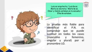 La prueba más fiable para
identificar el P.N. es
comprobar que se puede
sustituir en todos los casos
(masculino y femenino,
singular y plural) por el
pronombre LO.
Luis es arquitecto./ Luis lo es.
María es doctora./ María lo es.
Omar y Camila estaban en la escuela./
Ellos lo estaban.
 