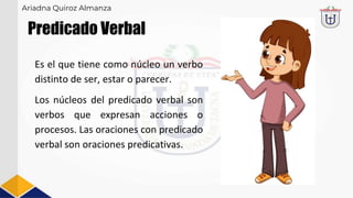 Predicado Verbal
Es el que tiene como núcleo un verbo
distinto de ser, estar o parecer.
Los núcleos del predicado verbal son
verbos que expresan acciones o
procesos. Las oraciones con predicado
verbal son oraciones predicativas.
Ariadna Quiroz Almanza
 