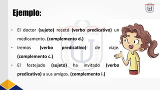 Ejemplo:
• El doctor (sujeto) recetó (verbo predicativo) un
medicamento. (complemento d.)
• Iremos (verbo predicativo) de viaje.
(complemento c.)
• El festejado (sujeto) ha invitado (verbo
predicativo) a sus amigos. (complemento i.)
 