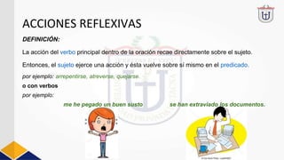 ACCIONES REFLEXIVAS
DEFINICIÓN:
La acción del verbo principal dentro de la oración recae directamente sobre el sujeto.
Entonces, el sujeto ejerce una acción y ésta vuelve sobre sí mismo en el predicado.
por ejemplo: arrepentirse, atreverse, quejarse.
o con verbos
por ejemplo:
me he pegado un buen susto se han extraviado los documentos.
 