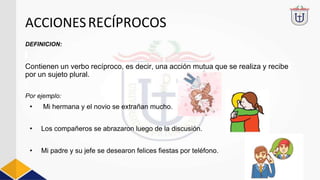 ACCIONESRECÍPROCOS
DEFINICION:
Contienen un verbo recíproco, es decir, una acción mutua que se realiza y recibe
por un sujeto plural.
Por ejemplo:
• Mi hermana y el novio se extrañan mucho.
• Los compañeros se abrazaron luego de la discusión.
• Mi padre y su jefe se desearon felices fiestas por teléfono.
 