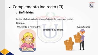 Indica el destinatario o beneficiario de la acción verbal.
Ejemplo:
He escrito a mi madre. Juan dio dos
cuadros a su primo.
● Complemento indirecto (CI)
❏ Definición:
 