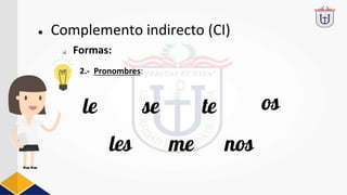 2.- Pronombres:
● Complemento indirecto (CI)
❏ Formas:
le
les
se
me
te
nos
os
 
