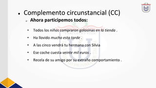• Todos los niños compraron golosinas en la tienda .
• Ha llovido mucho esta tarde .
• A las cinco vendrá tu hermana con Silvia
• Ese coche cuesta veinte mil euros .
• Recela de su amigo por su extraño comportamiento .
❏ Ahora participemos todos:
● Complemento circunstancial (CC)
 