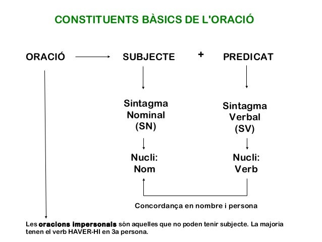 CONSTITUENTS BÀSICS DE L'ORACIÓ
ORACIÓ SUBJECTE PREDICAT+
Sintagma
Nominal
(SN)
Sintagma
Verbal
(SV)
Nucli:
Nom
Nucli:
Ver...
