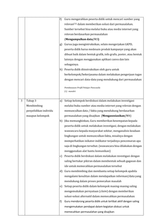 f) Guru mengarahkan peserta didik untuk mencari sumber yang
relevan(1) dalam memberikan solusi dari permasalahan.
Sumber tersebut bisa melalui buku atau media internet yang
relevan berdasarkan permasalahan
(Mengumpulkan data/M3)
g) Guruu juga mengintruksikan, selain mengerjakan LKPD,
peserta didik harus medesain produk kampanye yang akan
dibuat baik dalam bentuk grafik, info grafis, poster, atau bentuk
lainnya dengan menggunakan aplikasi canva dan lain
sebagainya.
h) Peserta didik diinstruksikan oleh guru untuk
berkelompok/bekerjasama dalam melakukan pengerjaan tugas
dengan mencari data-data yang mendukung dari permasalahan
Pembiasaan Profil Pelajar Pancasila
(1) mandiri
3 Tahap 3
Membimbing
penyelidikan individu
maupun kelompok
a) Setiap kelompok berdiskusi dalam melakukan investigasi
melalui buku sumber atau media internet yang relevan dengan
memunculkan data / fakta yang mendukung berdasarkan
permasalahan yang disajikan (Mengasosiasikan/M4)
b) Jika memungkinkan, Guru memberikan kesempatan kepada
peserta didik untuk melakukan investigasi, dengan melakukan
wawancara kepada masyarakat sekitar, menganalisis keadaan
lingkungan untuk memunculkan fakta, misalnya dengan
memperhatikan inikator-indikator terjadinya pencemaran apa
saja di lingkungan tersebut. (wawancara bisa dilakukan dengan
menggunakan alat bantu komunikasi)
c) Peserta didik berdiskusi dalam melakukan investigasi dengan
saling bertukar pikiran dalam membentuk sebuah gagasan dan
ide untuk memecahkan permasalahan tersebut
d) Guru membimbing dan membantu setiap kelompok apabila
mengalami kesulitan dalam mendapatkan informasi/data yang
mendukung dalam proses pemecahan masalah
e) Setiap peserta didik dalam kelompok masing-masing saling
mengemukakan pernyataan (claim) dengan memberikan
solusi-solusi alternatif dalam memecahkan permasalahan
f) Guru mendorong peserta didik untuk terlibat aktif dengan saling
mengemukakan pendapat dalam kegiatan diskusi untuk
memecahkan permasalahan yang disajikan
 