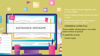 SASTAVNICE SINTAGME
• Glavna- najčešće imenske i glagolske riječi
pr. zlatna medalja
• Zavisna- pobliže određuje značenje pr. zlatna
medalja
• Prema službi zavisne u odnosu na glavnu
sastavnicu sintagme se dijele na:
• ODREDBENA (ATRIBUTNA)
Zavisna pobliže određuje glavnu i ima službu
njezina atributa ili apozicije
Pr. pobjedničko postolje
bacačica koplja
 
