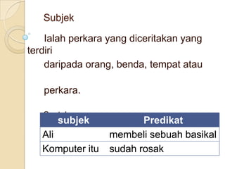 Subjek

    Ialah perkara yang diceritakan yang
terdiri
    daripada orang, benda, tempat atau

   perkara.

   Contoh
      subjek             Predikat
   Ali            membeli sebuah basikal
   Komputer itu   sudah rosak
 