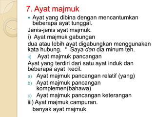 7. Ayat majmuk
  Ayat yang dibina dengan mencantumkan
   beberapa ayat tunggal.
Jenis-jenis ayat majmuk.
i) Ayat majmuk gabungan
dua atau lebih ayat digabungkan menggunakan
kata hubung. * Saya dan dia minum teh.
ii) Ayat majmuk pancangan
Ayat yang terdiri dari satu ayat induk dan
beberapa ayat kecil.
a) Ayat majmuk pancangan relatif (yang)
b) Ayat majmuk pancangan
     komplemen(bahawa)
c) Ayat majmuk pancangan keterangan
iii) Ayat majmuk campuran.
   banyak ayat majmuk
 