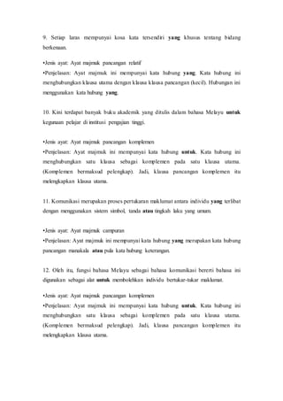 9. Setiap laras mempunyai kosa kata tersendiri yang khusus tentang bidang 
berkenaan. 
•Jenis ayat: Ayat majmuk pancangan relatif 
•Penjelasan: Ayat majmuk ini mempunyai kata hubung yang. Kata hubung ini 
menghubungkan klausa utama dengan klausa klausa pancangan (kecil). Hubungan ini 
menggunakan kata hubung yang. 
10. Kini terdapat banyak buku akademik yang ditulis dalam bahasa Melayu untuk 
kegunaan pelajar di institusi pengajian tinggi. 
•Jenis ayat: Ayat majmuk pancangan komplemen 
•Penjelasan: Ayat majmuk ini mempunyai kata hubung untuk. Kata hubung ini 
menghubungkan satu klausa sebagai komplemen pada satu klausa utama. 
(Komplemen bermaksud pelengkap). Jadi, klausa pancangan komplemen itu 
melengkapkan klausa utama. 
11. Komunikasi merupakan proses pertukaran maklumat antara individu yang terlibat 
dengan menggunakan sistem simbol, tanda atau tingkah laku yang umum. 
•Jenis ayat: Ayat majmuk campuran 
•Penjelasan: Ayat majmuk ini mempunyai kata hubung yang merupakan kata hubung 
pancangan manakala atau pula kata hubung keterangan. 
12. Oleh itu, fungsi bahasa Melayu sebagai bahasa komunikasi bererti bahasa ini 
digunakan sebagai alat untuk membolehkan individu bertukar-tukar maklumat. 
•Jenis ayat: Ayat majmuk pancangan komplemen 
•Penjelasan: Ayat majmuk ini mempunyai kata hubung untuk. Kata hubung ini 
menghubungkan satu klausa sebagai komplemen pada satu klausa utama. 
(Komplemen bermaksud pelengkap). Jadi, klausa pancangan komplemen itu 
melengkapkan klausa utama. 
 
