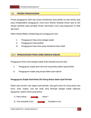 BMM 3110 SINTAKSIS BAHASA MELAYU
PISMP SEMESTER 5 | BAHASA MELAYU C 8
Proses pengguguran ialah satu proses transformasi yang berlaku ke atas struktur ayat
yang mengakibatkan pengguguran unsur-unsur tertentu daripada binaan ayat itu dan
dengan demikian pada peringkat struktur permukaan unsur yang digugurkan itu tidak
lagi wujud.
Dalam bahasa Melayu terdapat tiga jenis pengguguran iaitu:
i) Pengguguran frasa nama sebagai subjek
ii) Pengguguran frasa predikat
iii) Pengguguran frasa nama yang mendahului frasa relatif
Pengguguran frasa nama sebagai subjek terdiri daripada dua jenis iaitu:
i) Pengguguran subjek ganti nama diri orang kedua dalam ayat perintah.
ii) Pengguguran subjek yang serupa dalam ayat majmuk
Pengguguran Subjek Ganti Nama Diri Orang Kedua dalam Ayat Perintah
Dalam ayat suruhan, iaitu sejenis ayat perintah, kata ganti nama diri orang kedua iaitu
kamu, anda, engkau, tuan dan awak yang berfungsi sebagai subjek selalunya
digugurkan, seperti contoh yang berikut:
1) Kamu keluar keluar !
2) Tuan duduklah di sini Duduklah di sini.
3.1 PROSES PENGGUGURAN
3.1.1 PENGGUGURAN FRASA NAMA SEBAGAI SUBJEK
 