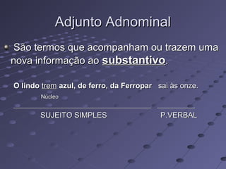 Adjunto AdnominalAdjunto Adnominal
São termos que acompanham ou trazem umaSão termos que acompanham ou trazem uma
nova informação aonova informação ao substantivosubstantivo..
O lindoO lindo tremtrem azul, de ferro, da Ferroparazul, de ferro, da Ferropar sai às onze.sai às onze.
NúcleoNúcleo
____________________________________________ ________________________________________________________ ____________
SUJEITO SIMPLESSUJEITO SIMPLES P.VERBALP.VERBAL
 