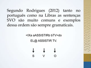 Segundo Rodrigues (2012) tanto no
português como na Libras as sentenças
SVO são muito comuns e exemplos
dessa ordem são sempre gramaticais.
<IXa aASSISTIRb bTV>do
EL@ ASSISTIR TV.
S V O
 