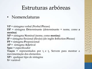 Estruturas arbóreas
• Nomenclaturas
VP = sintagma verbal (Verbal Phrase)
DP = sintagma Determinante (determinante + nome, como a
menina)
NP = sintagma Nominal (nome, como menina)
IP = sintagma flexional (flexão) (do inglês Inflection Phrase)
PP = sintagma Preposicional
AP = sintagma Adjetival
Spec = especificador
Traços = representados por ti e tj. Servem para mostrar a
movimentação dos elementos.
XP= qualquer tipo de sintagma
X= variável
 