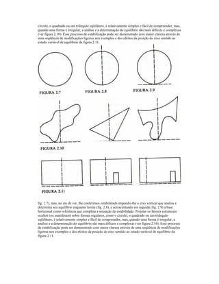 círculo, o quadrado ou um triângulo eqüilátero, é relativamente simples e fácil de compreender, mas,
quando uma forma é irregular, a análise e a determinação do equilíbrio são mais difíceis e complexas
(ver figura 2.10). Esse processo de estabilização pode ser demonstrado com maior clareza através de
uma seqüência de modificações ligeiras nos exemplos e dos efeitos da posição do eixo sentido ao
estado variável de equilíbrio da figura 2.11.




fig. 2.7), mas, no ato de ver, lhe conferimos estabilidade impondo-lhe o eixo vertical que analisa e
determina seu equilíbrio enquanto forma (fig. 2.8), e acrescentando em seguida (fig. 2.9) a base
horizontal como referência que completa a sensação de estabilidade. Projetar os fatores estruturais
ocultos (ou manifestos) sobre formas regulares, como o círculo, o quadrado ou um triângulo
eqüilátero, é relativamente simples e fácil de compreender, mas, quando uma forma é irregular, a
análise e a determinação do equilíbrio são mais difíceis e complexas (ver figura 2.10). Esse processo
de estabilização pode ser demonstrado com maior clareza através de uma seqüência de modificações
ligeiras nos exemplos e dos efeitos da posição do eixo sentido ao estado variável de equilíbrio da
figura 2.11.
 