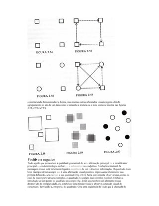 a similaridade demonstrada é a forma, mas muitas outras afinidades visuais regem a lei do
agrupamento no ato de ver, tais como o tamanho a textura ou o tom, como se mostra nas figuras
2.58, 2.59 e Z.W).




Positivo e negativo
Tudo aquilo que vemos tem a qualidade gramatical de ser a afirmação principal ou o modificador
principal — em terminologia verbal —, o substantivo ou o adjetivo. A relação estrutural da
mensagem visual está fortemente ligada á seqüência de ver e absorver informação. O quadrado é um
bom exemplo de um campo que é uma afirmação visual positiva, expressando claramente sua
própria definição, seu ca-ráler e sua qualidade (fig. 2.61). Seria conveniente observar que, como no
caso da maior parte desses exemplos, o quadrado é o campo mais simples possível. Embora a
introdução de um ponto no quadrado ou campo (fig. 2.62) seja também um elemento visual
desprovido de complexidade, ela estabelece uma tensão visual e absorve a atenção visual do
espectador, desviando-a, em parle, do quadrado. Cria uma seqüência de visão que é chamada de
 