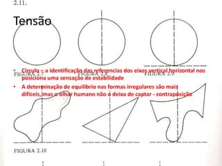 Tensão


• Círculo – a identificação das referencias dos eixos vertical horizontal nos
  posiciona uma sensação de estabilidade
• A determinação de equilíbrio nas formas irregulares são mais
  difíceis, mas o olhar humano não o deixa de captar - contraposição
 