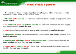 Frase, oração e período
• Socorro! é uma frase, pois possui sentido completo, mas não é uma oração pois não
contém uma forma verbal ou uma locução verbal.
• O homem pediu socorro. – é uma frase constituída de uma oração, pois apresenta uma
forma verbal.
• Era impossível ouvir seu grito de socorro. – é uma frase constituída por duas orações,
pois apresenta duas formas verbais.
• Chove é uma frase constituída de uma oração, portanto é um período simples.
• A existência é frágil. – é uma frase também constituída de uma oração, portanto é um
período simples.
• Quando você foi embora, fez-se noite em meu viver. – é uma frase constituída por
duas orações, portanto é um período composto.
• Cantei, dancei e depois dormi. - é uma frase constituída por três orações, portanto
também é um período composto.
 