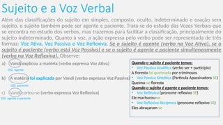 Sujeito e a Voz Verbal
Além das classificações do sujeito em simples, composto, oculto, indeterminado e oração sem
sujeito, o sujeito também pode ser agente e paciente. Trata-se do estudo das Vozes Verbais que
se encontra no estudo dos verbos, mas trazemos para facilitar a classificação, principalmente do
sujeito indeterminado. Quanto à voz, a ação expressa pelo verbo pode ser representada de três
formas: Voz Ativa, Voz Passiva e Voz Reflexiva. Se o sujeito é agente (verbo na Voz Ativa), se o
sujeito é paciente (verbo está Voz Passiva) e se o sujeito é agente e paciente simultaneamente
(verbo na Voz Reflexiva). Observe:
a) Vandi explicou a matéria (verbo expressa Voz Ativa)
b) A matéria foi explicada por Vandi (verbo expressa Voz Passiva)
c) Vandi cortou-se (verbo expressa Voz Reflexiva)
(SS) Agente
(SS) paciente
(SS) agente e paciente
Quando o sujeito é paciente temos:
• Voz Passiva Analítica (verbo ser + particípio)
A floresta foi queimada por criminosos
• Voz Passiva Sintética (Partícula Apassivadora SE)
Queima-se floresta
Quando o sujeito é agente e paciente temos:
• Voz Reflexiva (pronome reflexivo SE)
Ele machucou-se
• Voz Reflexiva Recíproca (pronome reflexivo SE)
Eles abraçaram-se
 