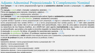 Adjunto Adnominal Preposicionado X Complemento Nominal
Será sempre CN se o termo preposicionado ligar-se a substantivo abstrato (exceto a preposição de), adjetivos ou
advérbios.
Fiz menção a você ontem. (menção: substantivo abstrato) - CN
Filme era impróprio para menores. (impróprio: adjetivo) - CN
Era relativamente do livro. (relativamente: advérbio) - CN
Será sempre AADN se a expressão preposicionada estiver ligada a substantivo concreto.
Comprei o material de um site famoso. (material: substantivo concreto)
A grande dúvida é quando o termo preposicionado (com preposição de) liga-se a substantivo abstrato, poderá ser AADN se o
termo preposicionado tiver sentido ATIVO e CN se o termo preposicionado tiver sentido passivo. O CN tem valor paciente
(comummente o seu núcleo não é um ser animado nem personificado, mas o alvo de uma ação) e encontra respaldo
na reescritura da Voz Passiva Analítica. Já o AADN tem valor agente (normalmente o seu núcleo é um ser animado
ou personificado, que pratica uma ação) e encontra respaldo na reescritura de Voz Ativa. Veja:
A resolução da questão foi ótima. (A questão foi resolvida/valor paciente - CN)
A resolução do professor foi ótima. (O professor resolveu/valor agente - AADN)
Outra dica: normalmente o AADN mantém uma relação de posse com o substantivo; a preposição tem valor nocional.
A atitude do professor foi justa. (A atitude pertence ao professor, é dele.)
ESQUEMA
Substantivo abstrato + termo preposicionado (menos a preposição de) = CN
Adjetivo + termo preposicionado = CN
Advérbio + termo preposicionado = CN
Substantivo concreto + termo preposicionado = AADN
Substantivo abstrato + termo preposicionado (com preposição de) = AADN se o termo preposicionado tiver sentido ativo e CN se o
termo preposicionado tiver sentido passivo.
 