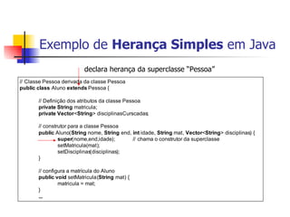 Exemplo de  Herança Simples  em Java declara herança da superclasse “Pessoa” 