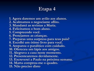 Etapa 4
1. Agora daremos um avião aos alunos.
2. Acalmamos o negociante aflito.
3. Mandarei as revistas a Maria.
4. Felicitamos o bom aluno.
5. Compreendo você.
6. Protejamos as crianças.
7. Preparas uma surpresa para teus pais?
8. Escolhi um ótimo livro para você.
9. Amparou o paralítico com cuidado.
10. Ofereceu um lápis aos amigos.
11. Alegrava a casa neste momento.
12. Presentearemos devidamente.
13. Escreverei a Paulo na próxima semana.
14. Marta comprou-me o quadro.
15. Não preciso disto
 