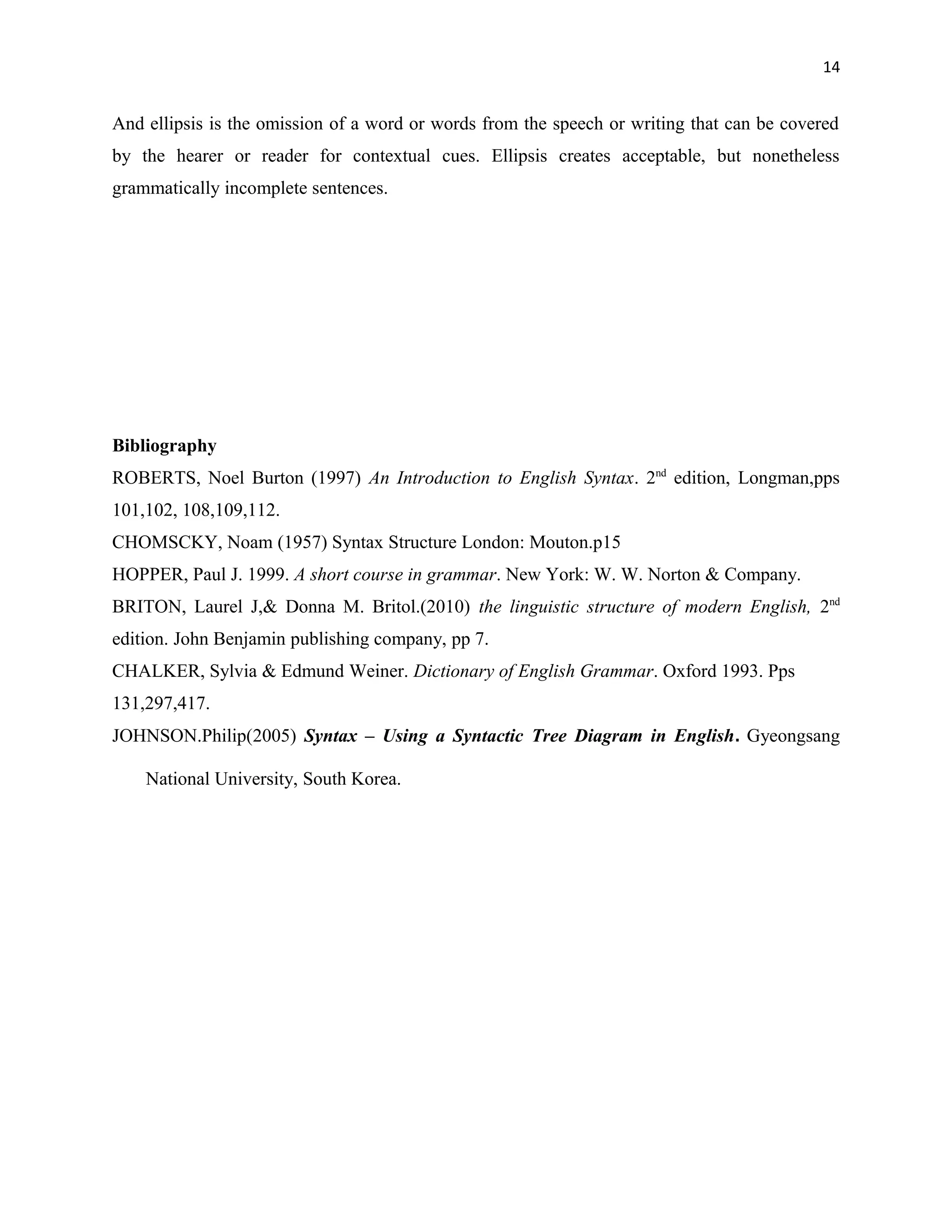 14
And ellipsis is the omission of a word or words from the speech or writing that can be covered
by the hearer or reader for contextual cues. Ellipsis creates acceptable, but nonetheless
grammatically incomplete sentences.
Bibliography
ROBERTS, Noel Burton (1997) An Introduction to English Syntax. 2nd
edition, Longman,pps
101,102, 108,109,112.
CHOMSCKY, Noam (1957) Syntax Structure London: Mouton.p15
HOPPER, Paul J. 1999. A short course in grammar. New York: W. W. Norton & Company.
BRITON, Laurel J,& Donna M. Britol.(2010) the linguistic structure of modern English, 2nd
edition. John Benjamin publishing company, pp 7.
CHALKER, Sylvia & Edmund Weiner. Dictionary of English Grammar. Oxford 1993. Pps
131,297,417.
JOHNSON.Philip(2005) Syntax – Using a Syntactic Tree Diagram in English. Gyeongsang
National University, South Korea.
 