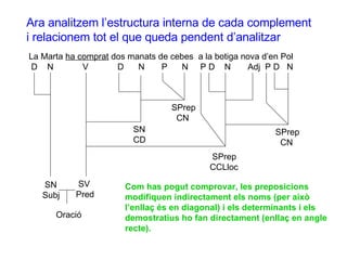 Ara analitzem l’estructura interna de cada complement i relacionem tot el que queda pendent d’analitzar La Marta  ha comprat  dos manats de cebes  a la botiga nova d’en Pol D  N  V  D  N  P  N  P D  N  Adj  P D  N SN Subj SV Pred Oració SN CD SPrep CN SPrep CCLloc SPrep CN Com has pogut comprovar, les preposicions modifiquen indirectament els noms (per això l’enllaç és en diagonal) i els determinants i els demostratius ho fan directament (enllaç en angle recte). 