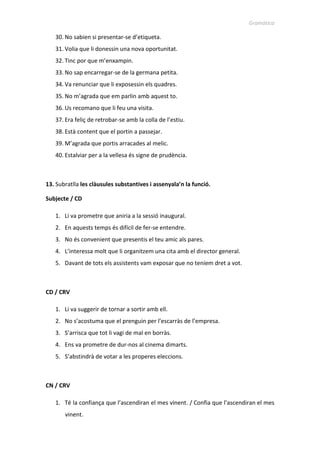 Gramàtica
30. No sabien si presentar-se d’etiqueta.
31. Volia que li donessin una nova oportunitat.
32. Tinc por que m’enxampin.
33. No sap encarregar-se de la germana petita.
34. Va renunciar que li exposessin els quadres.
35. No m’agrada que em parlin amb aquest to.
36. Us recomano que li feu una visita.
37. Era feliç de retrobar-se amb la colla de l’estiu.
38. Està content que el portin a passejar.
39. M’agrada que portis arracades al melic.
40. Estalviar per a la vellesa és signe de prudència.
13. Subratlla les clàusules substantives i assenyala’n la funció.
Subjecte / CD
1. Li va prometre que aniria a la sessió inaugural.
2. En aquests temps és difícil de fer-se entendre.
3. No és convenient que presentis el teu amic als pares.
4. L’interessa molt que li organitzem una cita amb el director general.
5. Davant de tots els assistents vam exposar que no teníem dret a vot.
CD / CRV
1. Li va suggerir de tornar a sortir amb ell.
2. No s’acostuma que el prenguin per l’escarràs de l’empresa.
3. S’arrisca que tot li vagi de mal en borràs.
4. Ens va prometre de dur-nos al cinema dimarts.
5. S’abstindrà de votar a les properes eleccions.
CN / CRV
1. Té la confiança que l’ascendiran el mes vinent. / Confia que l’ascendiran el mes
vinent.
 