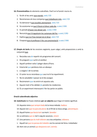 Gramàtica
16. Pronominalitza els elements subratllats. Fixa’t en la funció i escriu-la.
1. Va dir al teu amic que marxés. això / CD
2. Recomanava als teus companys que treballessin més. això / CD
3. Va demanar-li que escoltés atentament. això / CD
4. Va acostumar-se que li fessin el dinar cada dia. a això / CRD
5. Es penedí d’haver-nos deixat sols. a això / CRD
6. Renuncià que li traguéssim les castanyes del foc. a això / CRD
7. Explica que no t’has menjat tot el dinar. això / CD
8. S’exposà que el professor li fes una amonestació. a això / CRD
17. Omple els buits de les oracions següents, quan calgui, amb preposicions o amb la
conjunció que.
1. Recordeu-vos de repartir els programes del concert.
2. Els preguem que surtin al vestíbul.
3. Aquell cambrer volia 0 plegar abans d’hora.
4. Estaria bé que portéssiu tots un obsequi.
5. Li exigeix 0 dir la veritat.
6. El carter no es recordava que avui no hi ha repartiment.
7. No és saludable 0 passar-se el dia assegut.
8. Recomanem que no entrin en aquesta sala.
9. Aquest matí m’he oblidat de prendre les medecines.
10. És un experiment interessant 0 fer-los parlar en públic.
Oració subordinada adjectiva
18. Substitueix les frases relatives per un adjectiu que tingui el mateix significat.
13. Aquesta nena que sempre bada és la meva neboda. badoca
14. Aquest nen que no para de plorar és el fill de la meva amiga. ploramiques
15. Aquell home que bevia tant va morir. bevedor
16. La setmana que ve me’n vaig de vacances. vinent
17. Una persona que és molt tafanera es crea antipaties. tafanera
1. Aquell noi que no parava de treballar ara ha canviat de feina. treballador
18. Hem vist un animal que desprenia verí. verinós
 