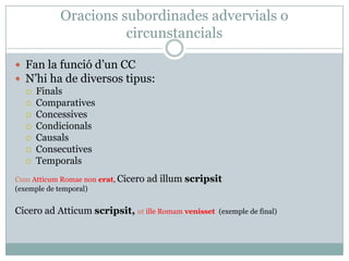 Oracions subordinades advervials o
                     circunstancials

 Fan la funció d’un CC
 N’hi ha de diversos tipus:
   Finals
   Comparatives
   Concessives
   Condicionals
   Causals
   Consecutives
   Temporals

Cum Atticum Romae non erat, Cicero   ad illum scripsit
(exemple de temporal)


Cicero ad Atticum scripsit, ut ille Romam venisset   (exemple de final)
 
