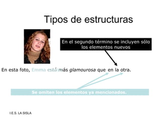 Tipos de estructuras En esta foto, Emma está más  glamourosa  que en la otra. Emma estaba  Se omiten los elementos ya mencionados.  En el segundo término se incluyen sólo los elementos nuevos 