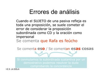 Errores de análisis Cuando el SUJETO de una pasiva refleja es toda una proposición, se suele cometer el error de considerar la proposición subordinada como CD y la oración como impersonal Se comenta   que Rafa es feúcho Se coment a   es o   / Se coment an   es as   cosas Si conmutamos la subordinada sustantiva por un demostrativo podemos resolver la duda comprobando la concordancia 