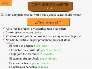 Es un complemento del verbo que ejecuta la acción del mismo  ¿Cómo reconocerlo?  Es exclusiva de la voz pasiva Va introducido por la preposición  por   y muy raramente por  de Al volver la oración a voz activa pasa a ser sujeto No admite sustitución por pronombre personal átono El mueble fue construido  por el carpintero El Quijote fue escrito  por Cervantes El examen fue aprobado  por el alumno La cena fue hecha  por mi abuela volver COMPLEMENTO AGENTE  C.A. La noticia es conocida  de todos El hecho es aceptado  por todos Ejemplos: 