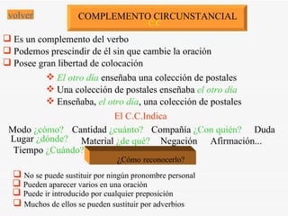 COMPLEMENTO CIRCUNSTANCIAL C.C <ul><li>Es un complemento del verbo  </li></ul><ul><li>Podemos prescindir de él sin que cam...