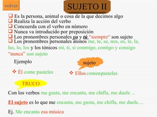 Con los verbos   me gusta, me encanta, me chifla, me duele ...  El sujeto  es lo que me   encanta, me gusta, me chifla, me duele.... Ej.   Me encanta   esa música Realiza la acción del verbo Ejemplo Él  come pasteles Concuerda con el verbo en número pasteles   comen Ellos sujeto TRUCO Nunca va introducido por preposición  Los pronombres personales  yo  y  tú  “siempre“  son sujeto Los pronombres personales átonos  me, te, se, nos, os, le, la, las, lo, los   y los tónicos   mí, ti, sí conmigo, contigo y consigo  “nunca”  son sujeto  volver SUJETO II Es la persona, animal o cosa de la que decimos algo 