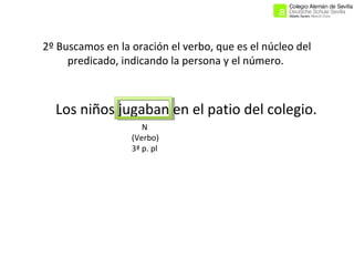 2º Buscamos en la oración el verbo, que es el núcleo del
predicado, indicando la persona y el número.

Los niños jugaban e...
