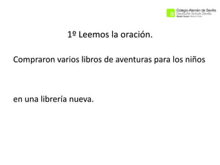 1º Leemos la oración.
Compraron varios libros de aventuras para los niños

en una librería nueva.

 