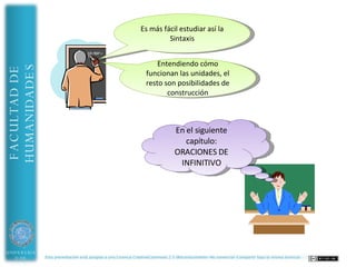Sintaxis
                                                Volvamos a empezar.
HUMANIDADES
FACULTAD DE



                                                Pensemos…
                                                ¿Cómo se construye una
                                                frase?




UNIVERSIDAD   Esta presentación está acogida a una Licencia CreativeCommons 2.5 (Reconocimiento-No comercial-Compartir bajo la misma licencia)
 DE ALMERÍA
 