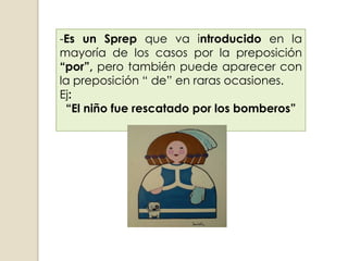 -Es un Sprep que va introducido en la
mayoría de los casos por la preposición
“por”, pero también puede aparecer con
la preposición “ de” en raras ocasiones.
Ej:
 “El niño fue rescatado por los bomberos”
 