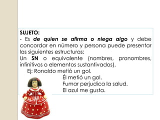 SUJETO:
- Es de quien se afirma o niega algo y debe
concordar en número y persona puede presentar
las siguientes estructuras:
Un SN o equivalente (nombres, pronombres,
infinitivos o elementos sustantivados).
    Ej: Ronaldo metió un gol.
                  Él metió un gol.
                  Fumar perjudica la salud.
                  El azul me gusta.
 