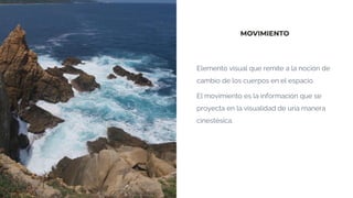 MOVIMIENTO
Elemento visual que remite a la noción de
cambio de los cuerpos en el espacio.
El movimiento es la información que se
proyecta en la visualidad de una manera
cinestésica.
 