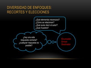 ¿hay una sola
respuesta correcta?
¿cualquier respuesta es
posible?
¿Qué elementos reconozco?
¿Cómo se relacionan?
¿Qué quiso decir el autor?
¿Qué muestra?
DIVERSIDAD DE ENFOQUES:
RECORTES Y ELECCIONES
Enunciador
Emisor
Destinador
 
