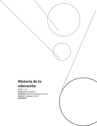 Historia de la
educación
4000 a de c
Profesor:Duvan Aguilera
Estudiante: Kelly Johana Balaguera Torres
Carrera:lic pedagogía infantil
09/10/2013

 