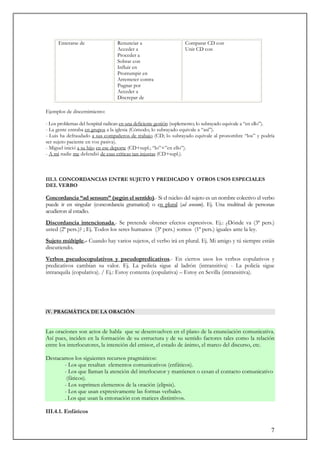 7
Enterarse de Renunciar a
Acceder a
Proceder a
Sobrar con
Influir en
Prorrumpir en
Arremeter contra
Pugnar por
Acceder a
Discrepar de
Comparar CD con
Unir CD con
Ejemplos de discernimiento:
- Los problemas del hospital radican en una deficiente gestión (suplemento; lo subrayado equivale a “en ello”).
- La gente entraba en grupos a la iglesia (Cómodo; lo subrayado equivale a “así”).
- Luis ha defraudado a sus compañeros de trabajo (CD; lo subrayado equivale al pronombre “los” y podría
ser sujeto paciente en voz pasiva).
- Miguel inició a su hijo en ese deporte (CD+supl.; “lo”+”en ello”).
- A mí nadie me defendió de esas críticas tan injustas (CD+supl.).
III.3. CONCORDANCIAS ENTRE SUJETO Y PREDICADO Y OTROS USOS ESPECIALES
DEL VERBO
Concordancia “ad sensum” (según el sentido).- Si el núcleo del sujeto es un nombre colectivo el verbo
puede ir en singular (concordancia gramatical) o en plural (ad sensum). Ej. Una multitud de personas
acudieron al estadio.
Discordancia intencionada.- Se pretende obtener efectos expresivos. Ej.: ¿Dónde va (3ª pers.)
usted (2ª pers.)? ; Ej. Todos los seres humanos (3ª pers.) somos (1ª pers.) iguales ante la ley.
Sujeto múltiple.- Cuando hay varios sujetos, el verbo irá en plural. Ej. Mi amigo y tú siempre estáis
discutiendo.
Verbos pseudocopulativos y pseudopredicativos.- En ciertos usos los verbos copulativos y
predicativos cambian su valor. Ej. La policía sigue al ladrón (intransitiva) - La policía sigue
intranquila (copulativa). / Ej.: Estoy contenta (copulativa) – Estoy en Sevilla (intransitiva).
iV. PRAGMÁTICA DE LA ORACIÓN
Las oraciones son actos de habla que se desenvuelven en el plano de la enunciación comunicativa.
Así pues, inciden en la formación de su estructura y de su sentido factores tales como la relación
entre los interlocutores, la intención del emisor, el estado de ánimo, el marco del discurso, etc.
Destacamos los siguientes recursos pragmáticos:
- Los que resaltan elementos comunicativos (enfáticos).
- Los que llaman la atención del interlocutor y mantienen o cesan el contacto comunicativo
(fáticos).
- Los suprimen elementos de la oración (elipsis).
- Los que usan expresivamente las formas verbales.
. Los que usan la entonación con matices distintivos.
III.4.1. Enfáticos
 