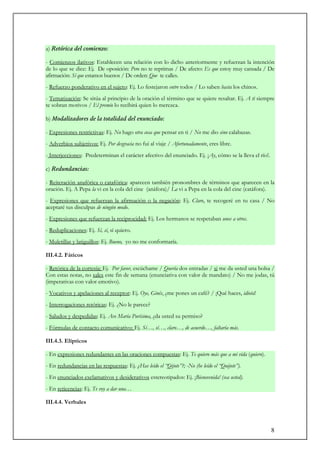 8
a) Retórica del comienzo:
- Comienzos ilativos: Establecen una relación con lo dicho anteriormente y refuerzan la intención
de lo que se dice: Ej. De oposición: Pero no te reprimas / De afecto: Es que estoy muy cansada / De
afirmación: Sí que estamos buenos / De orden: Que te calles.
- Refuerzo ponderativo en el sujeto: Ej. Lo festejaron entre todos / Lo saben hasta los chinos.
- Tematización: Se sitúa al principio de la oración el término que se quiere resaltar. Ej. A ti siempre
te sobran motivos / El premio lo recibirá quien lo merezca.
b) Modalizadores de la totalidad del enunciado:
- Expresiones restrictivas: Ej. No hago otra cosa que pensar en ti / No me dio sino calabazas.
- Adverbios subjetivos: Ej. Por desgracia no fui al viaje / Afortunadamente, eres libre.
- Interjecciones: Predeterminan el carácter afectivo del enunciado. Ej. ¡Ay, cómo se la lleva el río!.
c) Redundancias:
- Reiteración anafórica o catafórica: aparecen también pronombres de términos que aparecen en la
oración. Ej. A Pepa la vi en la cola del cine (anáfora)/ La vi a Pepa en la cola del cine (catáfora).
- Expresiones que refuerzan la afirmación o la negación: Ej. Claro, te recogeré en tu casa / No
aceptaré tus disculpas de ningún modo.
- Expresiones que refuerzan la reciprocidad: Ej. Los hermanos se respetaban unos a otros.
- Reduplicaciones: Ej. Sí, sí, sí quiero.
- Muletillas y latiguillos: Ej. Bueno, yo no me conformaría.
III.4.2. Fáticos
- Retórica de la cortesía: Ej. Por favor, escúchame / Quería dos entradas / si me da usted una bolsa /
Con estas notas, no sales este fin de semana (enunciativa con valor de mandato) / No me jodas, tú
(imperativas con valor emotivo).
- Vocativos y apelaciones al receptor: Ej. Oye, Ginés, ¿me pones un café? / ¡Qué haces, idiota!
- Interrogaciones retóricas: Ej. ¿No le parece?
- Saludos y despedidas: Ej. Ave María Purísima, ¿da usted su permiso?
- Fórmulas de contacto comunicativo: Ej. Sí…, sí…, claro…, de acuerdo…, faltaría más.
III.4.3. Elípticos
- En expresiones redundantes en las oraciones compuestas: Ej. Te quiero más que a mi vida (quiero).
- En redundancias en las respuestas: Ej. ¿Has leído el “Qijote”?; -No (he leído el “Quijote”).
- En enunciados exclamativos y desiderativos estereotipados: Ej. ¡Bienevenida! (sea usted).
- En reticencias: Ej. Te voy a dar una…
III.4.4. Verbales
 