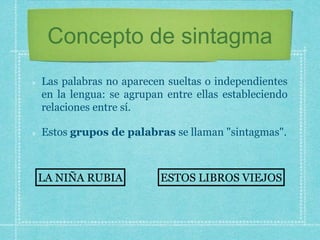 Concepto de sintagma
Las palabras no aparecen sueltas o independientes
en la lengua: se agrupan entre ellas estableciendo
relaciones entre sí.
Estos grupos de palabras se llaman "sintagmas".
LA NIÑA RUBIA ESTOS LIBROS VIEJOS
 
